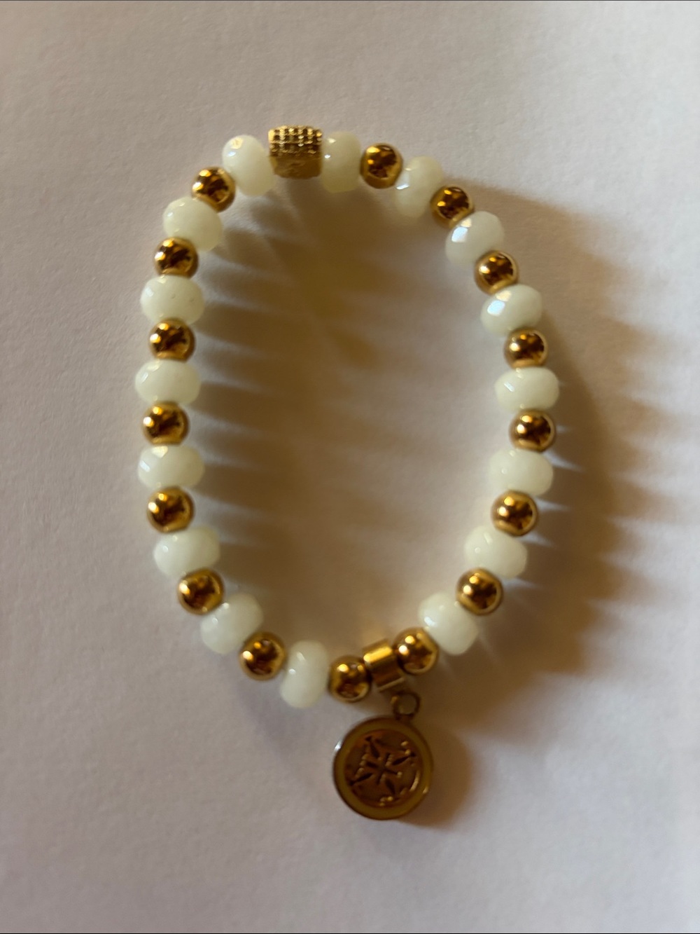 Rustic Cuff Gold and White Beaded Bracelet with Charm
